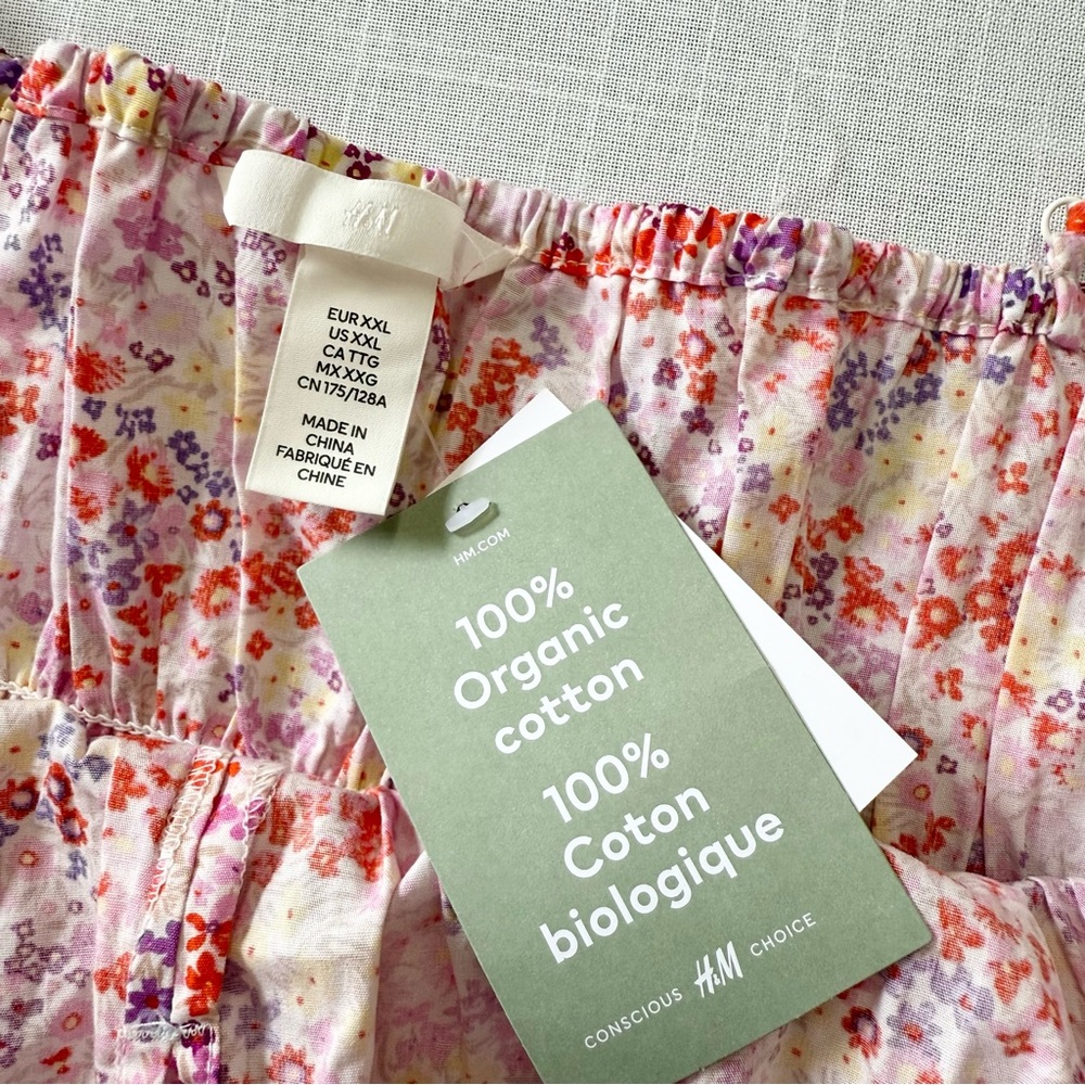 H&M SMOCKED ORGANIC COTTON FLORAL MAXI DRESS SIZE XXL Spaguetti Straps Summer - Picture 7 of 8
